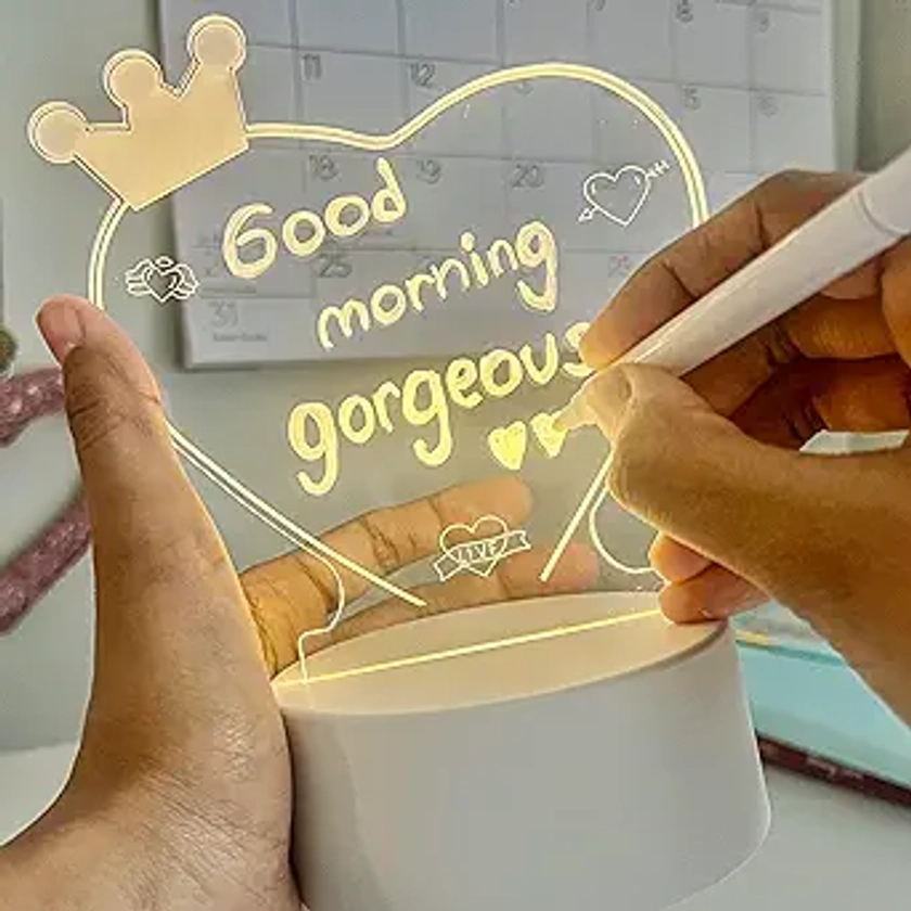 Luminous Message Note Acrylic Board Table Lamp - Heart Shaped - Night Lights - Trendy Personalized Gift for Girlfriend, Women, Friends, Mom, Daughter, Kids, Birthday. Cute Stuff for Room or Office.