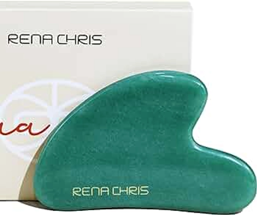 Rena Chris Gua Sha Facial Tools, Natural Jade Stone Guasha, Manual Massage Sticks for Jawline Sculpting and Puffiness Reducing, Scraping Massage Tool, Skin-Care Gift (Green)