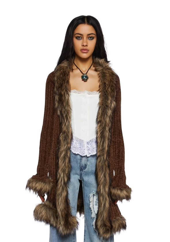 Current Mood Faux Fur Trim Long Cardigan - Brown