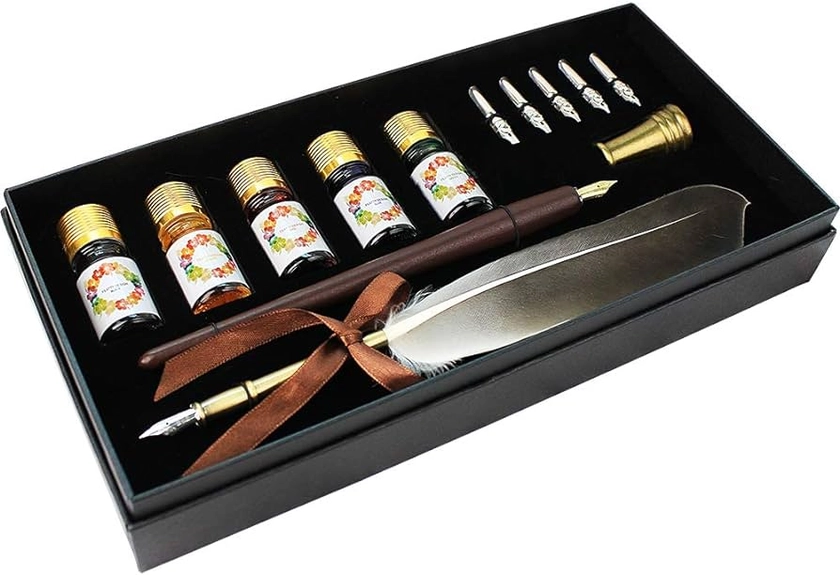 Amazon.com : FEATTY GIFTS Calligraphy Pen Set,12-Piece Kit, 5 Nib & 5 Ink Set,Writing Quill Pen,Anitque Dip Feather Pen Set (wood+feather) : Arts, Crafts & Sewing