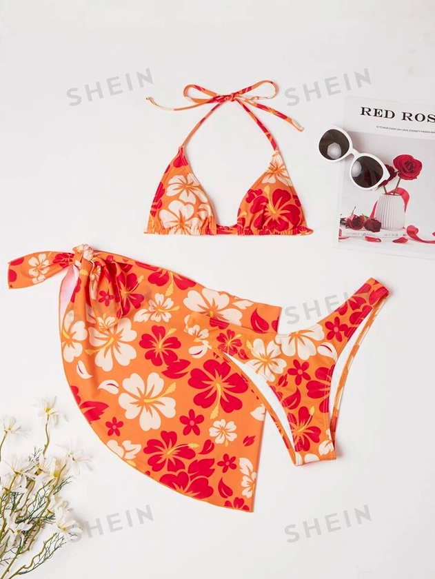 SHEIN Swim 3pack Floral Micro Triangle Bikini Swimsuit & Beach Skirt | SHEIN
