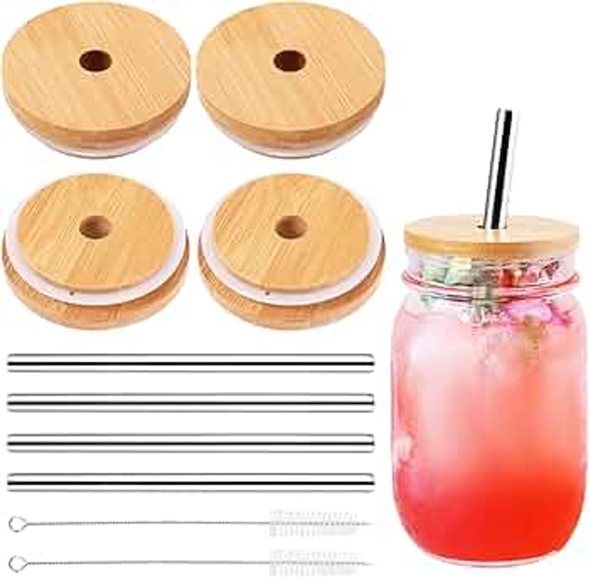 4 Pack Reusable Bamboo Regular Mouth Drinking Lids with Straw Hole and Straw for Mason Jar (JAR NOT INCLUDED)