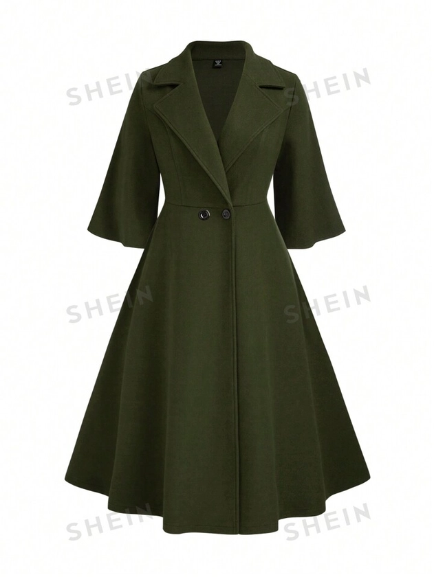 SHEIN Privé Manteau en laine long unicolore pour femme grande taille, col à revers, manches demi-longues pour le printemps et l'automne