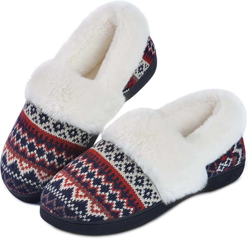 DL Women's Comfy House Slippers with Faux Fur Lining, Memory Foam Slip on House Shoes Nordic with Indoor Outdoor Anti-Skid Rubber Sole