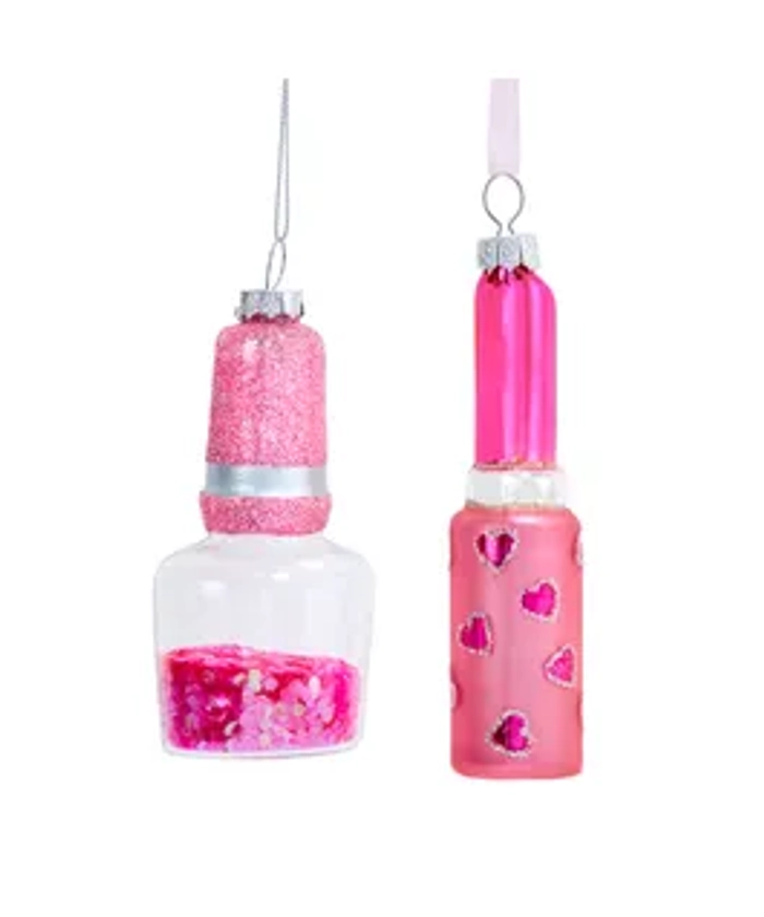 Glass Nail Polish & Lipstick Ornaments, 2 Assorted