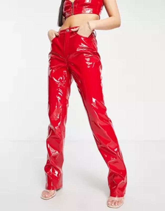 AFRM heston high rise straight leg faux leather pants in red - part of a set | ASOS