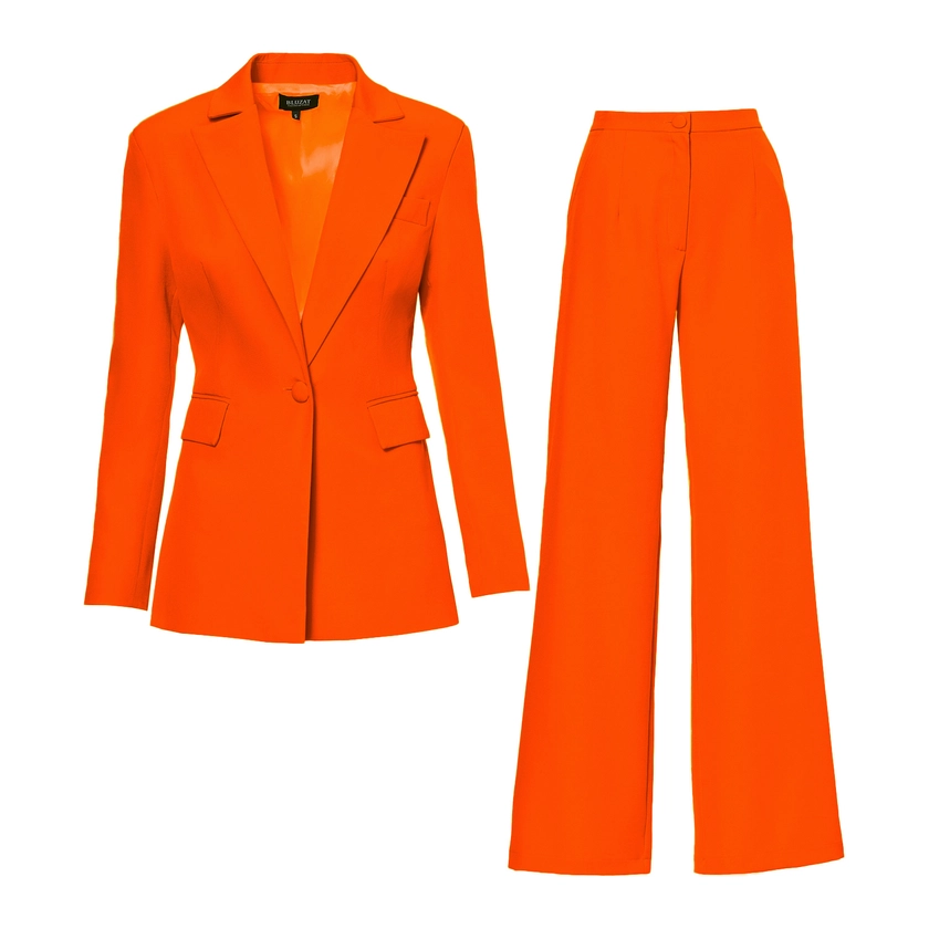 Neon Orange Suit With Slim Fit Blazer And Flared Trousers by BLUZAT