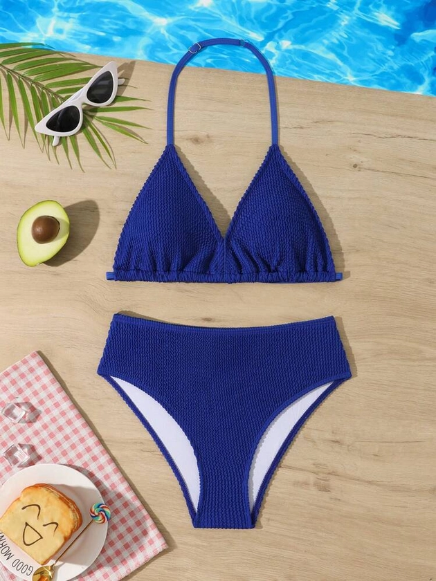 Teen Girl Solid Color Two-Piece Bikini Set With Halter Summer Beach