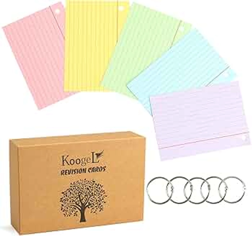 Koogel A7 Ruled Index Cards Paper, 400PCS Revision Cards Flash Cards Assorted Colours Record Cards for Office School Study Learning