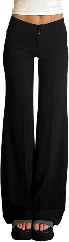 Women's Casual High Waisted Straight Flared Wide Leg Pants Button Up Big Cuff Trousers Lounge Long Pants