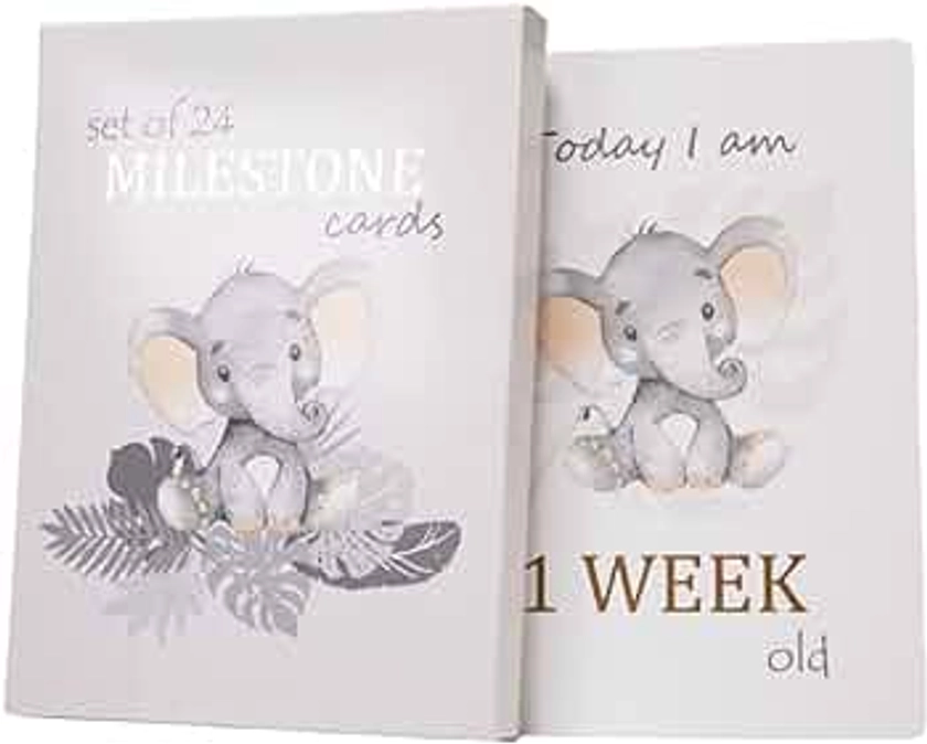 Happy Homewares Cute Baby Elephant Grey Quirky and Fun Set of 24 Milestone Cards for Boy or Girl | Perfect Baby Shower & New Born Baby Gift Idea