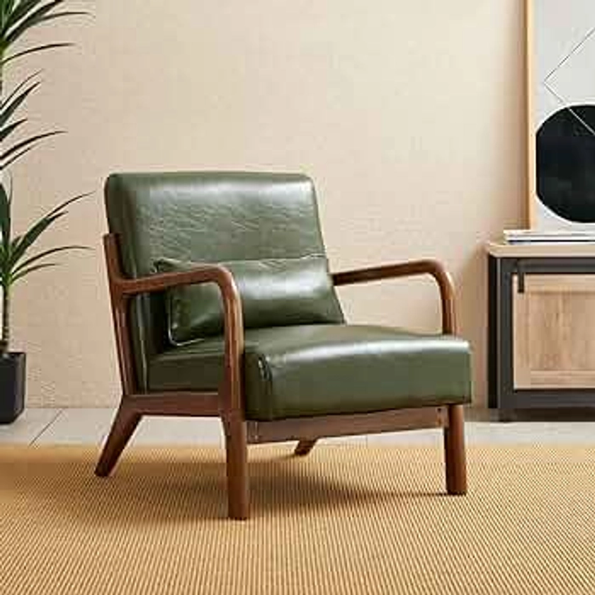 Glitzhome Mid Century Hunter Green Accent Armchair, Single Reading Armchair PU Leather Lounge Chair with Walnut Ruberwood Frame