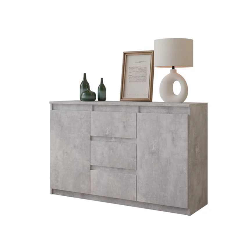 MIKEL - Chest of 3 Drawers and 2 Doors - Bedroom Dresser Storage Cabinet Sideboard - Concrete H75cm W120cm D35cm