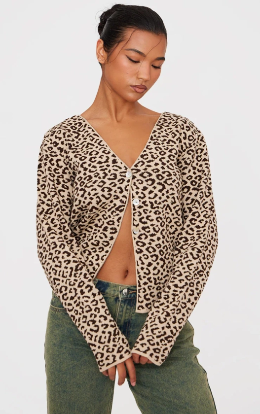 Brown Leopard Knitted Button Up V Neck Cardigan