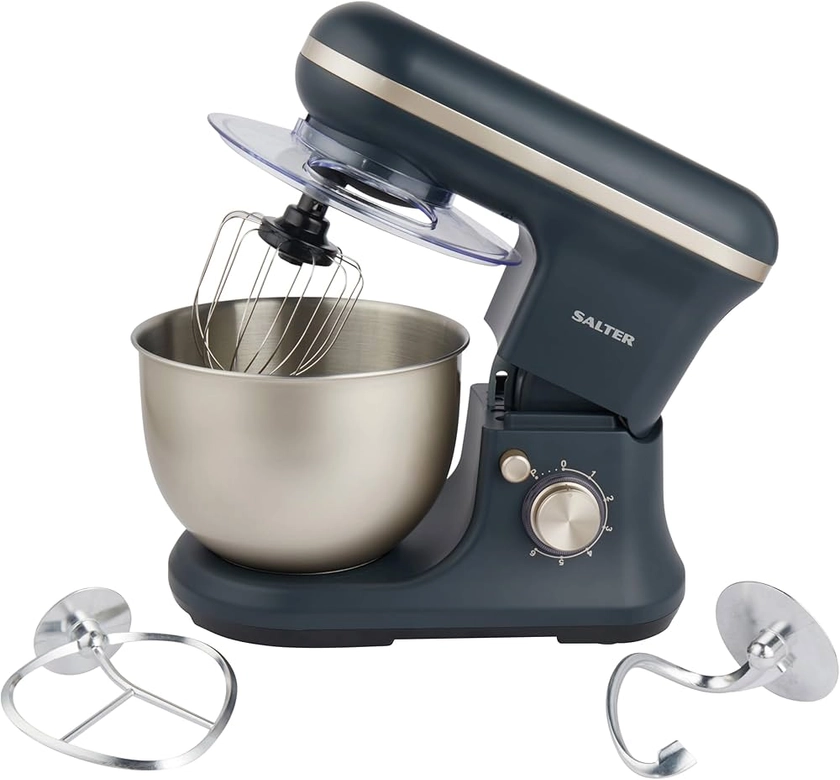 Salter EK5620BGRY Marino Baking Stand Mixer - 6 Speed Kitchen Mixer With Pulse, 5L Stainless Steel Mixing Bowl, Removable Splash Guard, Whisk, Dough and Beater Attachment, 1200W, Blue/Grey