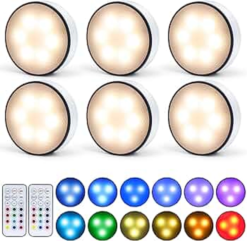 PUMPKINS LED Puck Lights with Remote Control, Wireless Under Cabinet Kitchen Lights Battery Operated, RGB Colour Push Lights,Stick on Magnetic Lights for Counter Cupboards Wardrobe Closet 6 Pack