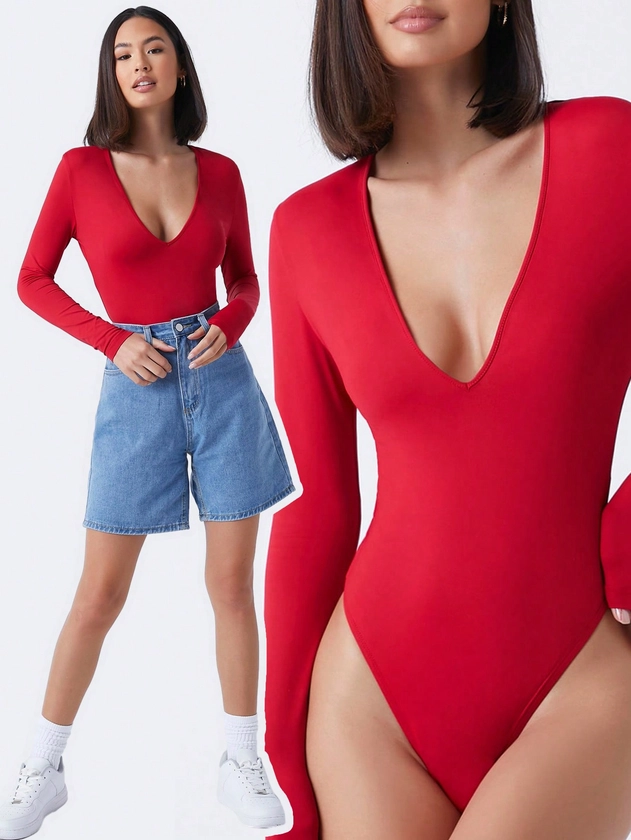SHEIN BASICS Plunging Neck Solid Fitted Bodysuit