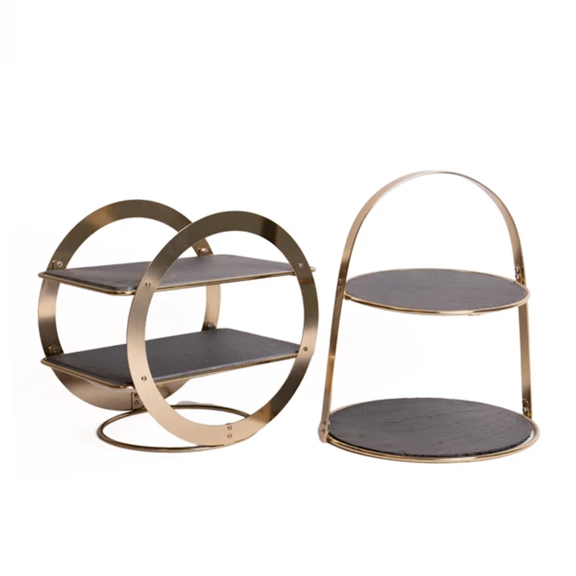 Artesà 2-Piece Brass Serving Stand With Slate Platters Set