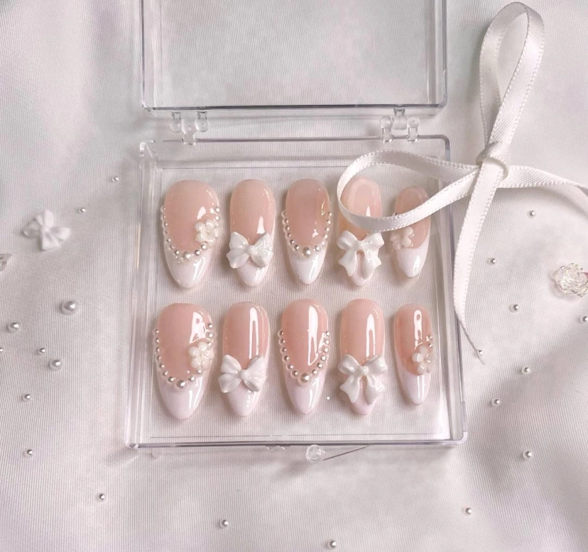 White Bows Pearls Cute Almond French Tip Press on Nails Coquette Nails Reusable Gel Nails False Nails - Etsy UK