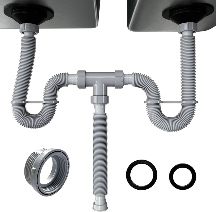 Flexible Sink Drain Pipe 1-1/2 inch for Double Sink Drain, 11"-31.5" Expandable Flexible P Trap Double Bowl Sink Drain Kit for Kitchen, Bathroom, 1-1/4" Adapter Included, Gray, 1 PACK
