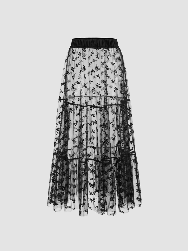 Sirène de bureau Mesh Mesh Mid Rise Floral Tulle Maxi Skirt For Décontracté quotidien Pique-nique Café