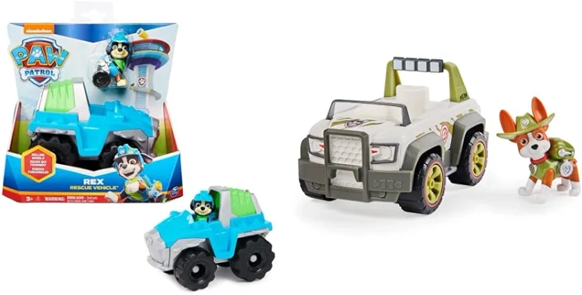 Paw Patrol, Rex’s Dinosaur Rescue Vehicle with Collectible Action Figure, Kids’ Toys for Ages 3 and Up Tracker’s Jungle Cruiser Vehicle with Collectible Figure, for Kids Aged 3 and Up