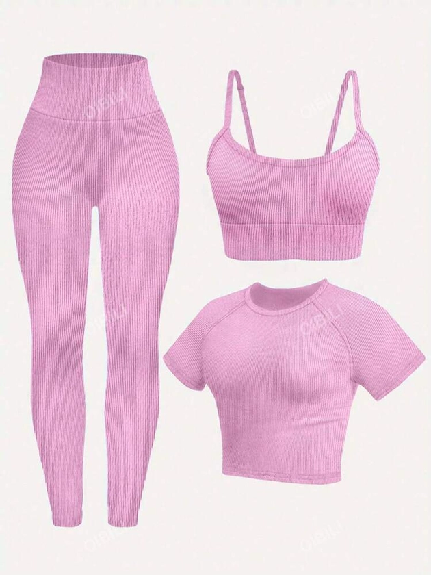 3 pièces Ensemble pour femme : Top à bretelles fines et dos nu, Top à manches courtes col rond, et Legging de sport taille haute