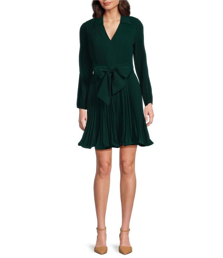 Taylor Pleated Chiffon Collar V-Neck Long Sleeve Tie Waist Mini Dress | Dillard's