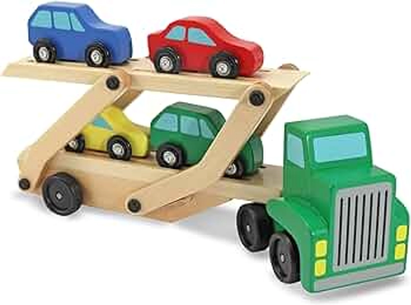 Melissa & Doug Car Carrier Truck and Cars Wooden Toy Set With 1 Truck and 4 Cars - Vehicle Toys, Push And Go Wooden Trucks For Toddlers And Kids Ages 3+