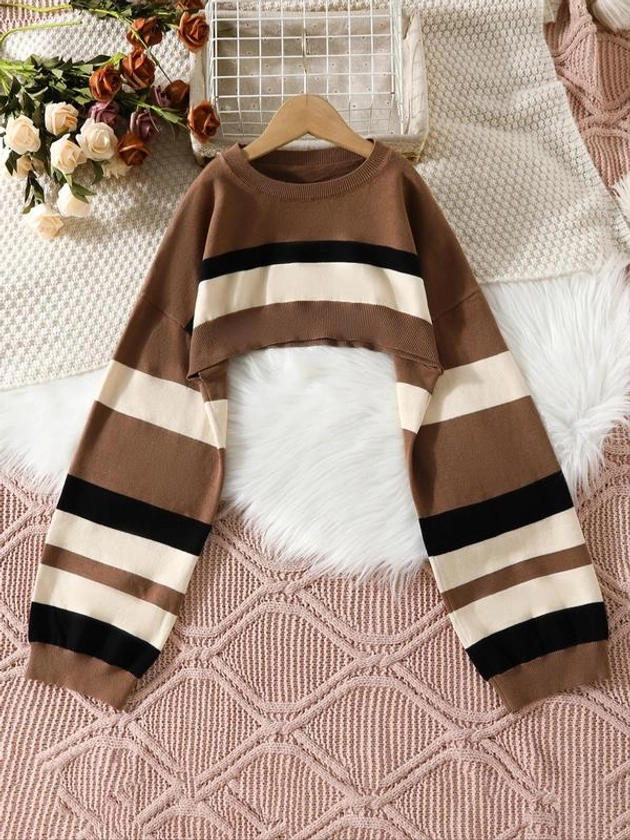 Women's Striped Print Super Crop Sweater, Casual Extra-long Sleeve Crew Neck Jumper, This sweater is recommended to be paired with camisole or any other inner top.