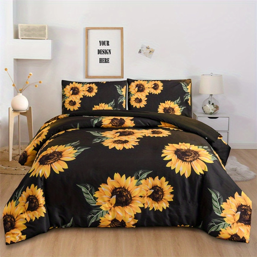 3pcs Soft and Comfortable Sunflower Print Duvet Cover Set for Bedroom and Guest Room - Includes 1 Duvet Cover and 2 Pillowcases (Core Not Included)