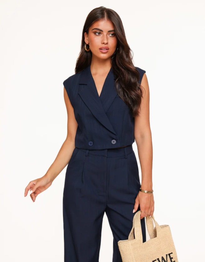 Navy Blauwe Mouwloze Blazer - Set | Olivia & Kate