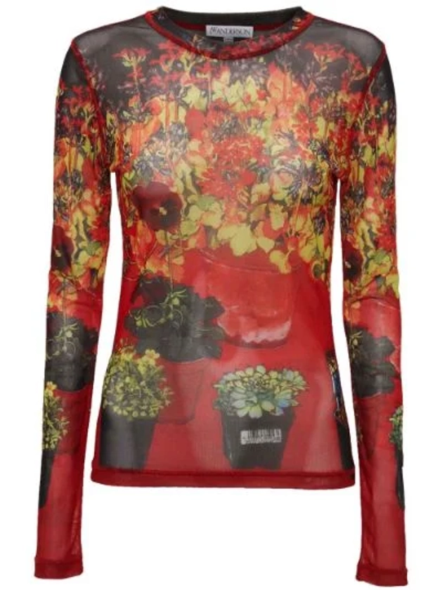 JW Anderson Red Flower Pot-Print Sheer Top | Browns