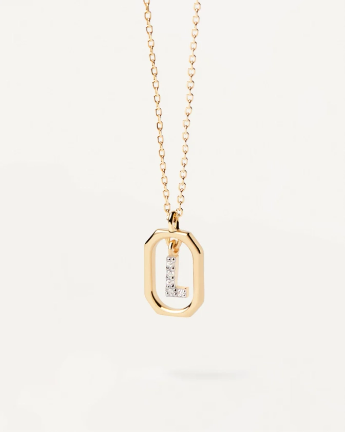 Petit pendentif octogonal en argent plaqué or avec initiale L en zi... | Collier Lettre L Mini | PDPAOLA