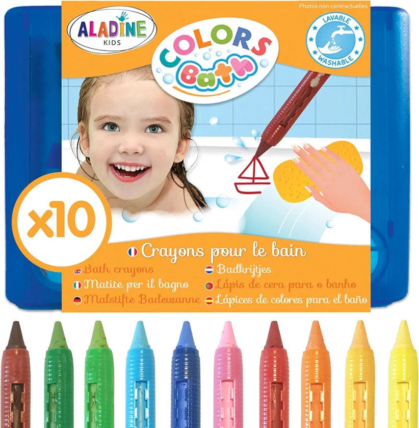 Aladine - Colors Bath - 10 Crayons Bain - Feutres de Bain Effaçables - Pour Dessiner & Écrire - Avec Mallette de Rangement - Faciles à Nettoyer - Jeu de Bain Enfant 3 ans - 42032