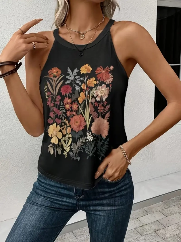 Floral Print Tank Top, Casual Sleeveless Tank Top For Summer, Women&#39;s Clothing