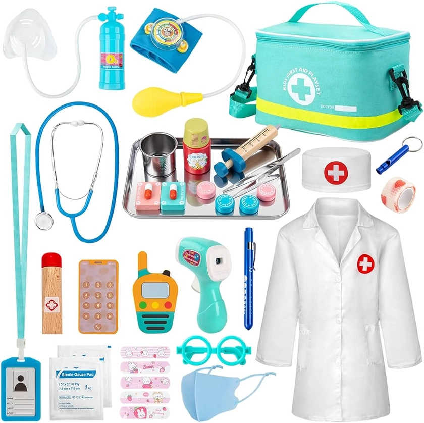 Sundaymot Malette Docteur Enfant, avec véritable stéthoscope, thermomètre, Blouse de médecin et Sac de médecin Portable, Adapté malette Docteur Enfant 3 Ans