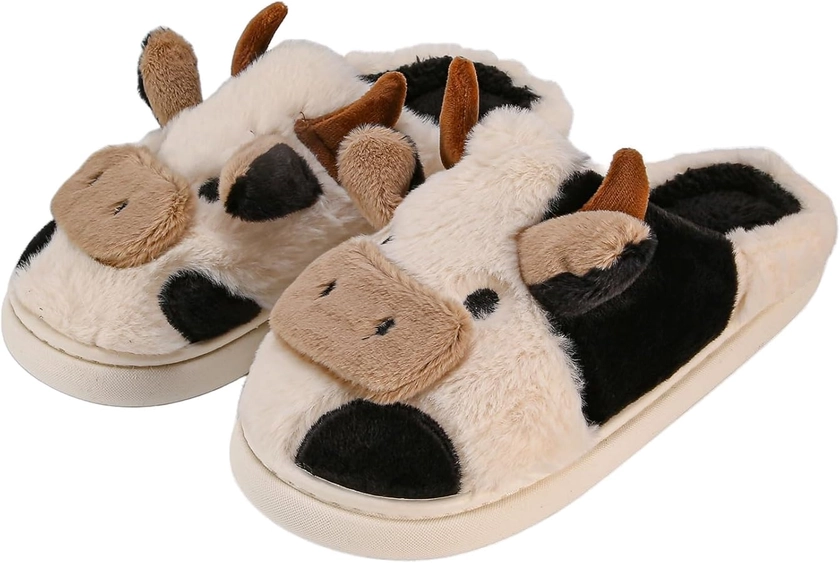 sharllen Fluffy Cow Slippers, Novelty Cute Animal House Slippers for Women Fuzzy Plush Winter Warm Cotton Slippers for men Indoor & Outdoor