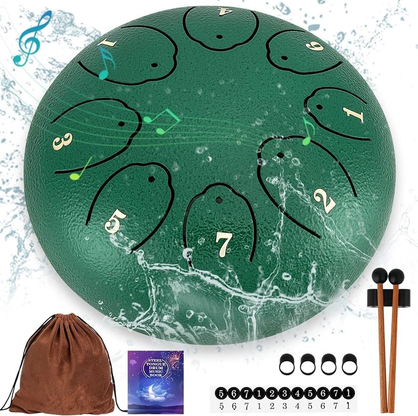 [2024 Newest] Steel Tongue Drum: 6 Inch 8 Notes Rain Drum for Outdoor Use, Hang Drum Instrument, Handpan Drum for Kids, Sound Healing Meditation (Emerald)