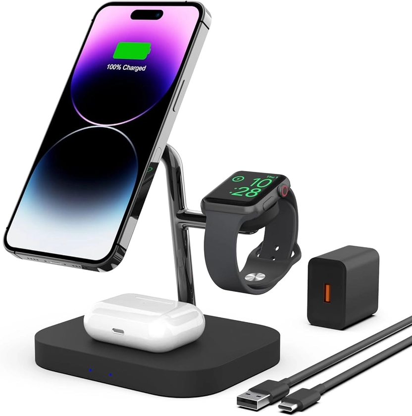 Magnetic Wireless Charger, Boaraino 3 in 1 Wireless Charging Station Compatible with iPhone 15/14/13/12 Series, Apple Watch 9/8/7/6/SE/5/4/3, AirPods 2/Pro (18W Adapter Included)