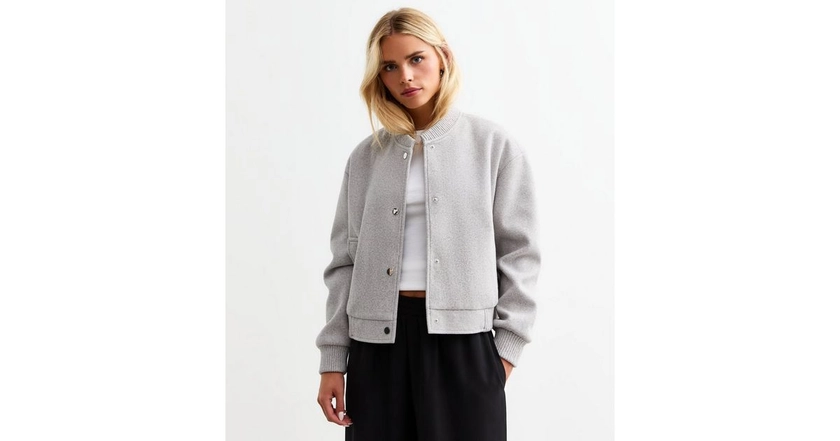 Petite Grey Brushed Crop Bomber Jacket | New Look