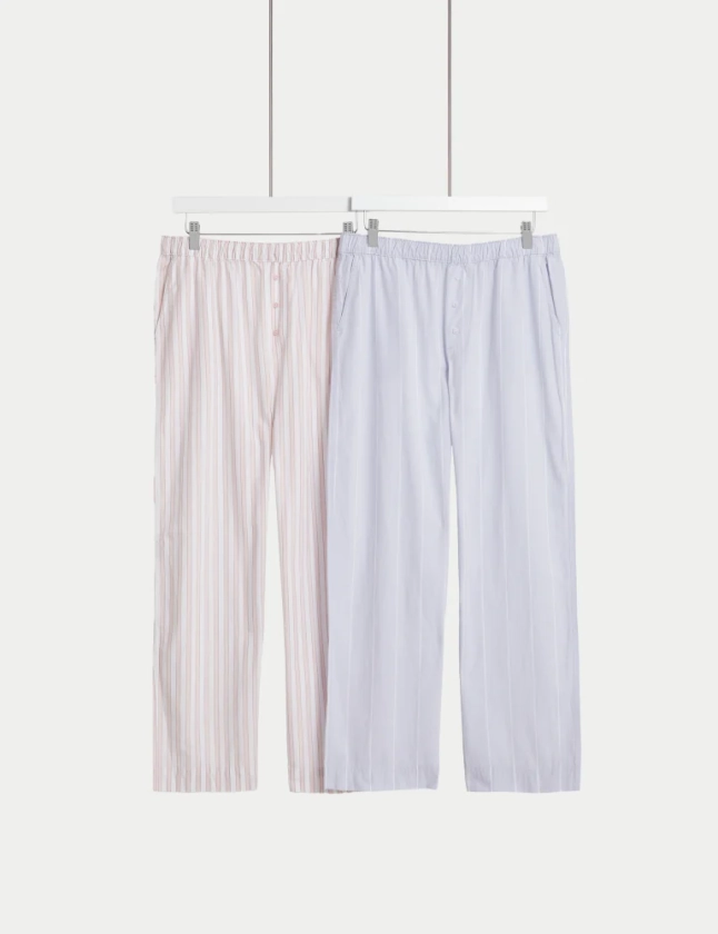 2pk Cool Comfort™ Pure Cotton Striped Pyjama Bottoms | Body by M&S | M&S