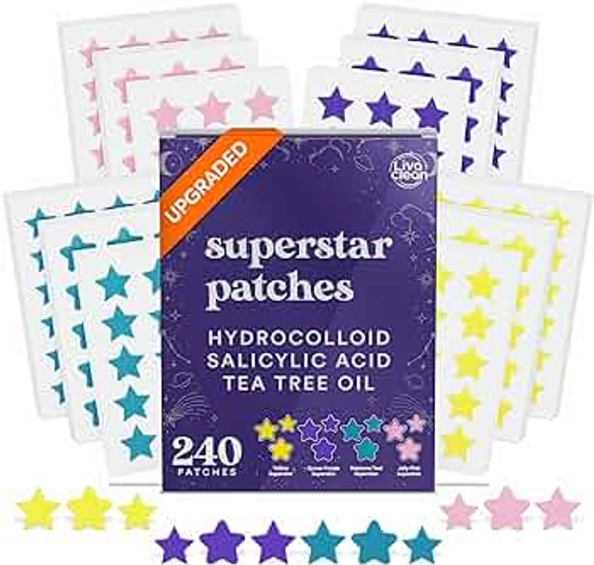 LivaClean 240 CT Acne Patches w/Salicylic Acid & Tea Tree, Hydrocolloid Star Pimple Patches for Healing, Cute Face Stickers