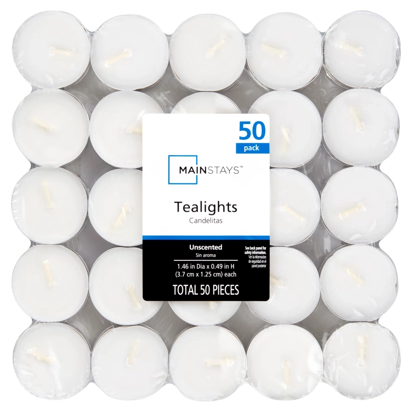 Mainstays White Unscented Indoor/Outdoor Tealight Candles, 50 Count