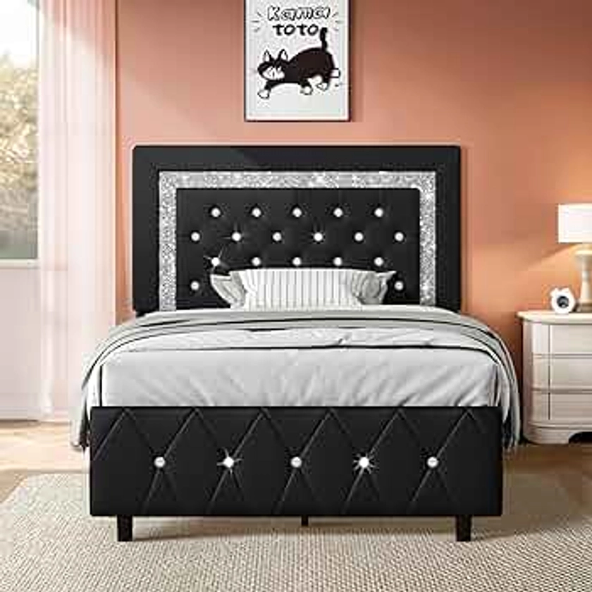 HOMBCK Twin Bed Frame, Upholstered Bed Frame Twin Size with Diamond Tufted Headboard, Faux Leather Headboard & Footboard, Wooden Slats Support, No Box Spring Needed, Easy Assembly, Black