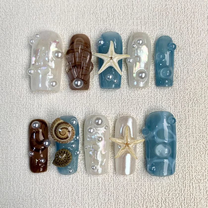 Custom Beach Press On Nails, Starfish Snails Spring Summer Sea Vacation Press On Nails