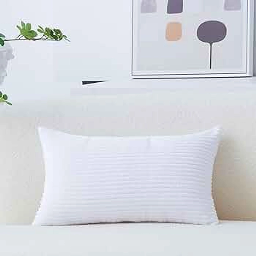 Home Brilliant Oblong Pillow Cover Decorative Striped Corduroy Rectangle Cushion Cover for Couch, 12 x 20 Inch, Pure White