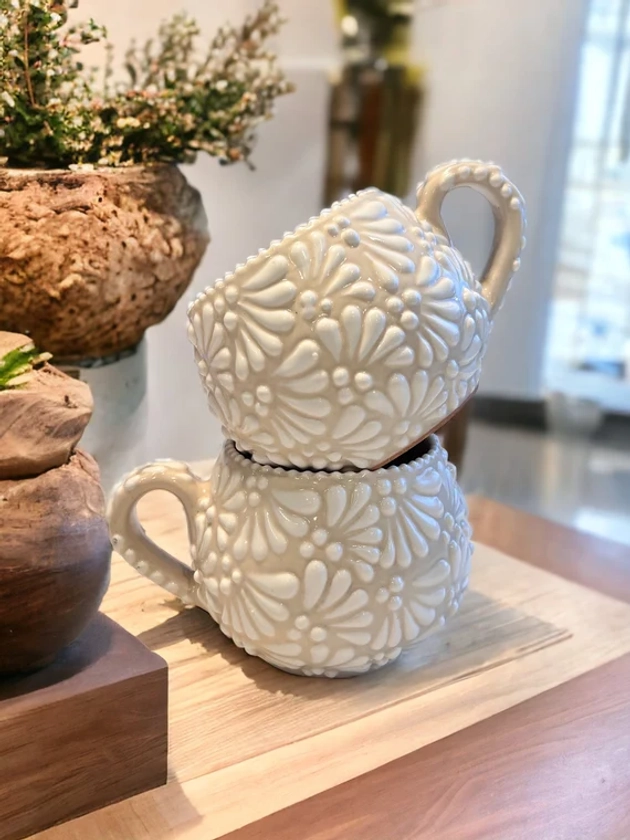 Ivory Mug Talavera Ceramics by Dulce Nostalgia (1pc), Handmade Ceramic Tea Cup Flower Afternoon Tea Home, Cafe Decor Desk Tableware Pottery