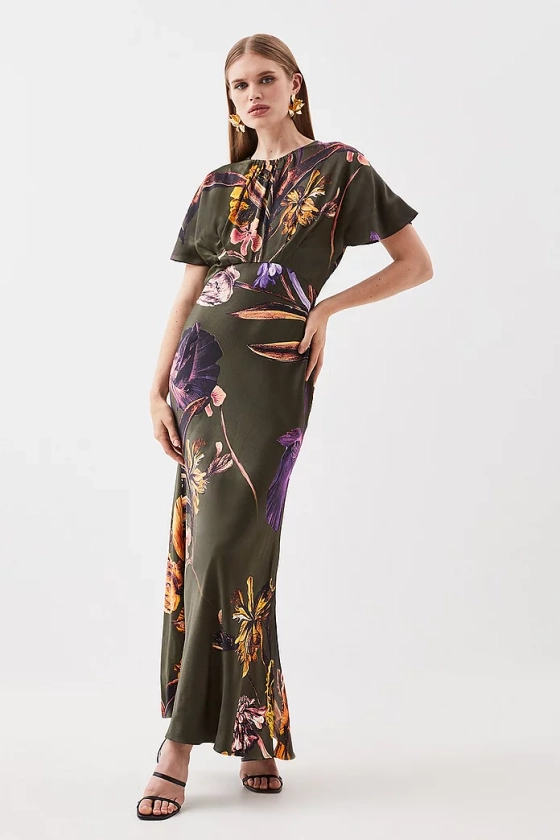 Floral Satin Woven Crepe Maxi Dress