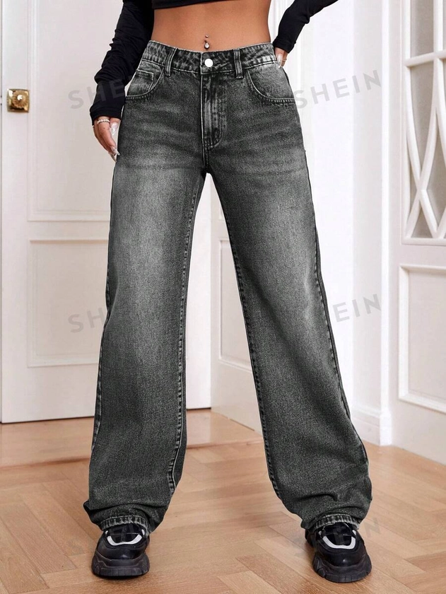 SHEIN EZwear Slant Pocket Wide Leg Jeans Baggy Jeans